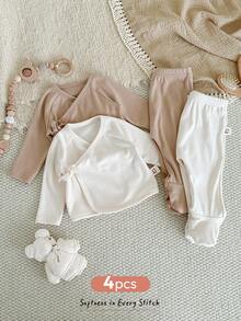 Cozy Pixies 4件套新生儿男/女纯色针织柔软圆领长袖上衣和松紧腰裤套装 - 彩色 - 查看 3