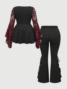 ROMWE EDITION 圣诞假期蕾丝撞色拼接大码女式两件套：喇叭袖上衣 + 喇叭裤 - 黑色 - 查看 2