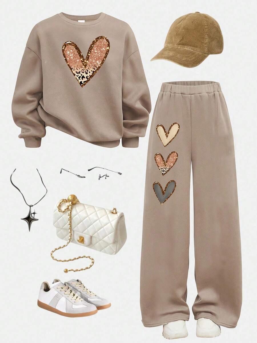 SHEIN 少女宽松休闲爱心印花简约舒适圆领长袖卫衣和裤子套装 - 杏色 - 查看 1