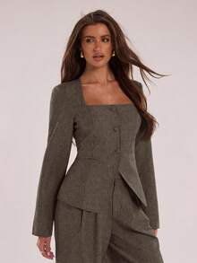 SHEIN BAE 女式长袖单排扣方领西装外套和裤子套装，办公室穿着 - 深灰色 - 查看 6