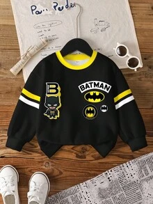 BATMAN X SHEIN Young Boy Letter & Striped Pattern Long Sleeve Round Neck Sweatshirt