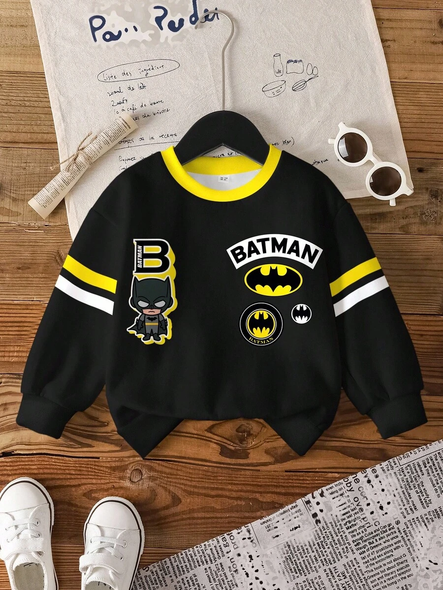 BATMAN X SHEIN Young Boy Letter & Striped Pattern Long Sleeve Round Neck Sweatshirt