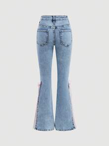 Girlism Pantalones acampanados de mezclilla azul con estiramiento, con acento de lazo de cinta de encaje rosa para adolescentes