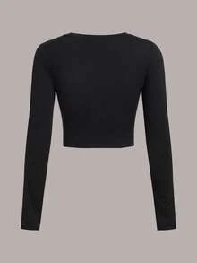 SHEIN EZwear Áo thun ngắn tay dài cổ tròn họa tiết tối giản màu đen 3 chiếc dành cho nữ, mùa thu/đông - màu đen - Xem 3