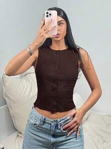SHEIN EZwear Women's Casual Solid Color Front Button Cropped Tank Top, Summer - Brown - View 5