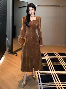 DAZY Women's Elegant Vintage Front Button Waist Cinched Dress Prom Dress - Brown - View 3