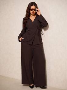 Elaquor Plus Size Women Solid Color Wrap Tie Waist Long Sleeve Jacket And Wide Leg Pants Casual Suit Set Clothes For Women Spring