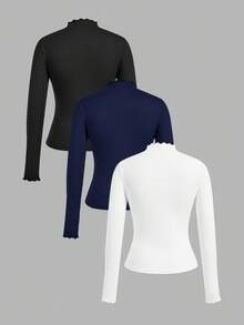 SHEIN EZwear 3件套休闲简约长袖紧身T恤，秋冬 - 彩色 - 查看 2