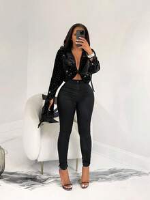 BamGleam Women's Velvet Rhinestone Embellished Front Twist Slit Sleeve Blouse - Black - View 5