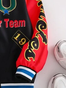 PAVTROS 1 件青少年男孩休闲彩色拼布撞色印花夹克，适合街头穿着 - 藍色 - 查看 3