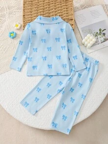 2件套女婴休闲可爱阻燃针织数码印花蝴蝶结领开衫和蝴蝶印花裤家居服套装 - 淺藍色 - 查看 2