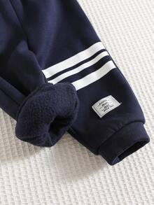 2pcs Baby Boys Thermal Lined Thick Contrast Color Ribbed Loose Raglan Hoodie Jacket And Casual Sports Pants Set, Suitable For Winter - Royal Blue - View 4