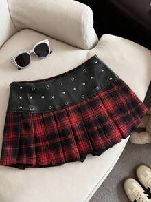 Christmas Red And Black Retro Plaid Star Rivet Leather Splicing Half-Length Women's College Style Miniskirt - Multicolor - View 3