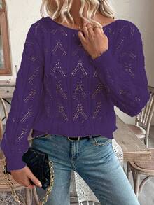 EMERY ROSE Vacation Style Casual Hollow Floral Pattern Off-Shoulder Loose Pullover Sweater - Violet Purple - View 4