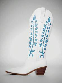 Solezae New Women's Embroidery Vegan Leather Pointed Toe Chunky Heel Slip-On Western Style Chic Cowboy Boots - White - View 4