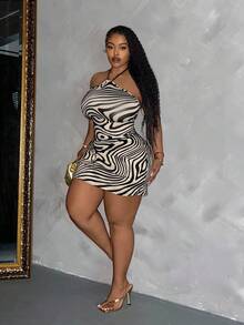 Slaydiva Plus Size Elegant Bodycon Halter Neck Tie-Dye Print Dress For Summer - Multicolor - View 3