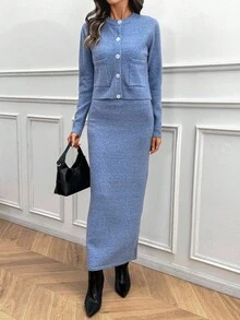 EMERY ROSE Bộ áo len cardigan và chân váy phong cách tối giản mới, thời trang và đa năng theo phong cách Châu Âu và Mỹ - Màu xanh lam - Xem 5