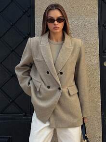 DAZY 女士加厚大衣，翻领，双排扣口袋，保暖冬装外套 - 駝色 - 查看 1