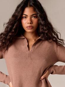 AiiRZ Retro Collared V-Neck Knit Pullover Long Sleeve Sweater Fall Winter Casual Basic Essential Minimalist Fashion Classic Preppy Style - Coffee Brown - View 4