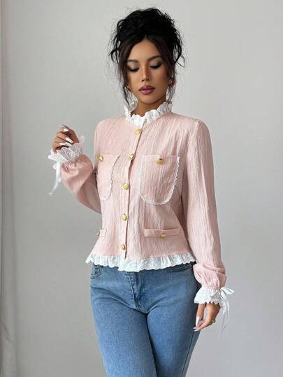 Elenzga Chaqueta elegante de mujer con ribete de encaje de color contrastante, otoño