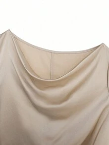 GlowEve CURVE Áo sơ mi tay dài vải bóng cỡ lớn dành cho nữ, đa năng khi đi làm, thiết kế xếp ly hai bên có nút - Màu be - Xem 3