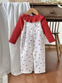 Vintaside Kids 女婴两件套包括红色圆领长袖上衣和白色工装裤，适合春秋季节。 - 紅色 - 查看 8
