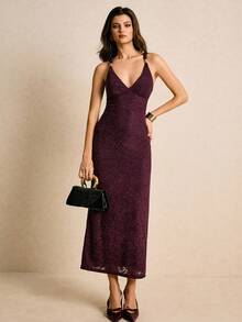 Poéselle 女士时尚通勤提花露背挂脖连衣裙 - 紫色 - 查看 7