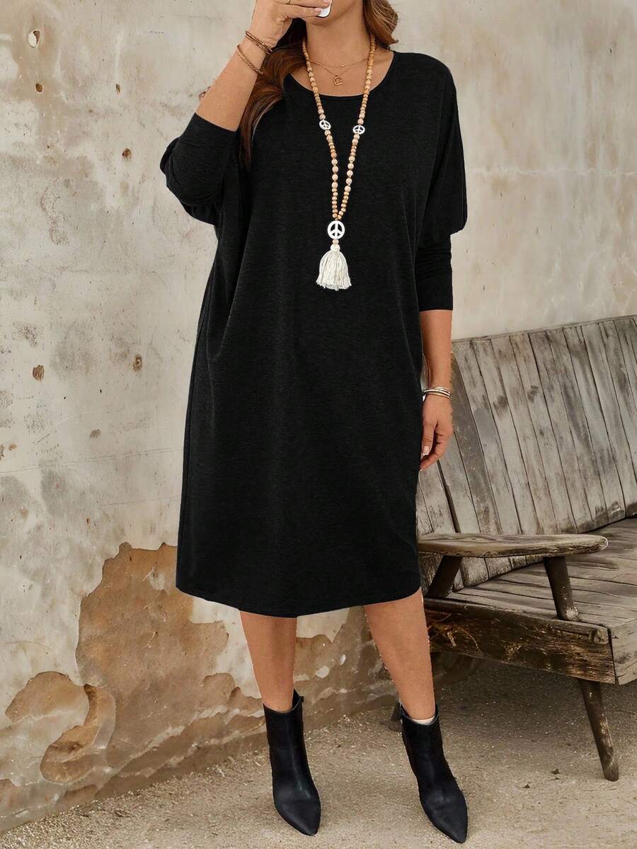 Plus Size Casual Fitted Crew Neck Knit Dress For Women