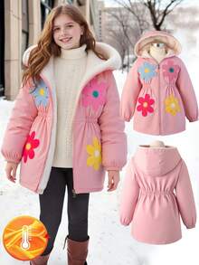 SHEIN Chaqueta con capucha informal para niñas preadolescentes y adolescentes con diseño floral 3D lindo - Multicolor - Ver 2