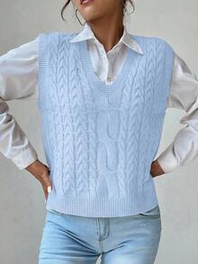 SHEIN Unity Women's Autumn Simple Solid Color Cable Knit V-Neck Sweater Vest - Baby Blue - View 6