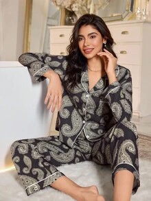 LuxeNights بيجامة بأكمام طويلة وياقة مطبوعة بنقشة البيزلي، ملابس الخريف - متعدد الألوان - مشاهدة 1