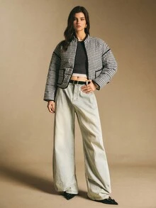 Poéselle 女式格子落肩长袖休闲宽松冬季夹克 - 黑與白 - 查看 2