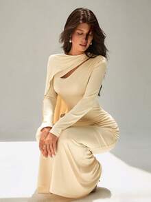 Chiquease 女士优雅纯色长裙，适合派对 - 杏色 - 查看 5