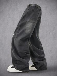 Manfinity Denimwave Premium Quality Black Rhinestone Embellished Wide Leg Jeans Baggy Washed Black Party Street Diamond Starlight Denim For Y2K - Black - View 4