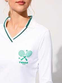 CourtClass Camisa polo feminina com gola canelada, decote em V, manga comprida, estampa de tênis, corte slim, camisa polo esportiva casual para tênis e uso diário - Branco - Ver 6