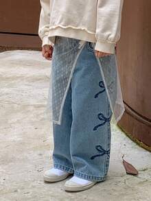 DAZY 女童蝴蝶结刺绣保暖牛仔裤，秋季保暖款，冬季款