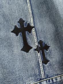 SHEIN Teen Boy Fashion Casual Y2k Vintage Cool Street Returns To School College Street Fashion Cross Embroidery Patterns Nostalgic Blue Denim Lapel Long-Sleeved Jacket For Teen Boy Clothes Teen Boy Soft Dailywear And Teen Boy Winter And Fall Rave Outfits Festival And Outfits Streetwear Clothes Teen Boy Western Shirt Blue Jean Jacket - Blue - View 4