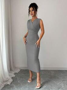 Elenzga 女士优雅时尚通勤休闲舒适迷人复古浪漫度假无袖 V 领腰部聚拢紧身纯色连衣裙 - 灰色 - 查看 5