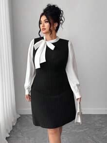 Elenzga Plus Size Patchwork Long Sleeve Ribbed Tie-Up Dress