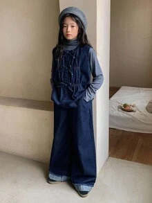 DAZY 女童时尚蝴蝶结牛仔背心和裤子套装 - 藍色 - 查看 5