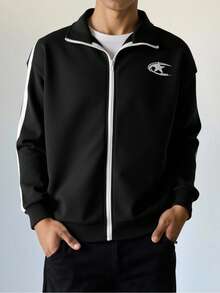 SHEIN Chaqueta de punto con estampado de logo de estrella casual para adolescentes, versátil y adecuada para ir y venir, la escuela, el uso diario casual, los viajes, las fiestas al aire libre, los deportes, otoño/invierno