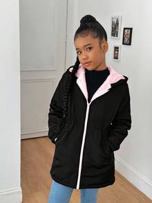 SHEIN Chaqueta cortavientos con capucha informal para niñas preadolescentes, ropa de abrigo forrada térmicamente de longitud media, para otoño/invierno - Multicolor - Ver 3