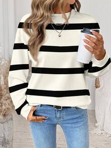 SHEIN LUNE ملابس علوية نسائية كاجوال بياقة طاقم مطبوعة بنمط بسيط، فضفاضة، صيفية بأكمام طويلة، ملابس علوية شاطئية، ملابس علوية نسائية مخططة، ملابس علوية مخططة بأكمام طويلة للخريف/الشتاء - متعدد الألوان - مشاهدة 5