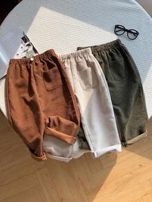 3pcs Young Boy Thickened Brushed Fabric Casual Comfortable Solid Color Straight Leg Pants, Multi-Pack, Cute Pockets, Suitable For Winter - Multicolor - View 2