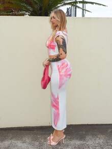 Arliah 女士斜肩不对称褶饰修身两件套，适合夏季/暑假/夏威夷/海岛度假村/生日派对 - 粉色 - 查看 4