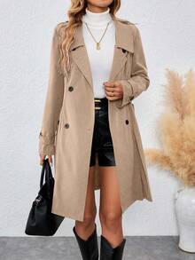 SHEIN PETITE Elegant Commuter Fashion Versatile Autumn/Winter Women's Turndown Collar Double-Breasted Slant Pocket Long Sleeve Waist Cinched A-Line Slim Fit Trench Coat - Khaki - View 5