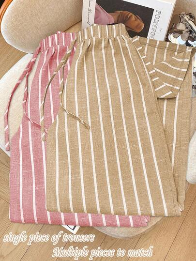 Franclia Pantalones casuales de mujer de punto de bambú a rayas de color azul cielo con cintura elástica, adecuados para primavera y otoño