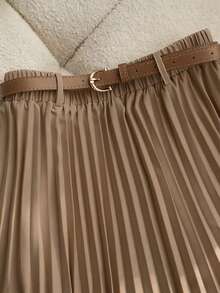 Franclia Casual Commute Versatile Solid Color Long Sleeve Shirt Paired With Women's A-Line Skirt, Pleated Skirt, Maxi Skirt, Comes With Belt, Spring/Autumn, Khaki Women's Suit, Women's 2-Piece Set, Women's Dress, Autumn/Spring Clothing, Women's Casual Wear, Women's Teacher Uniform - Multicolor - View 3