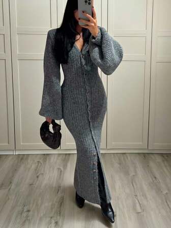 Siren Gaze Fitted Button-Front Sweater Dress, V-Neck Design With Unique Lantern Sleeves, Grey, Knit Maxi Dress, Long Sleeve Bodycon Dress, High Slit Dress, Knit Dresses For Women, Elegant Knit Dress, Women's Winter Sweater Dress,Winter Clothes For Women