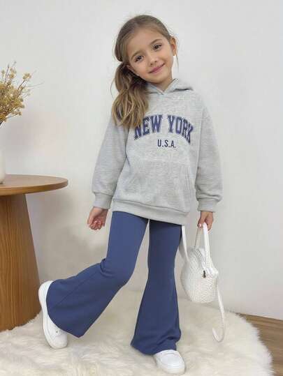 SHEIN 少女两件套碎花灰蓝色休闲百搭宽松长袖卫衣喇叭裤返校季干净女孩运动服秋冬